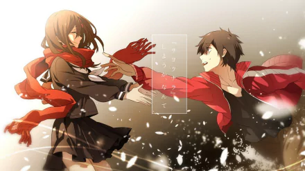 HD PC desktop wallpaper featuring Shintaro Kisaragi and Ayano Tateyama from the Kagerou Project anime, captured in a dynamic, snowy scene.