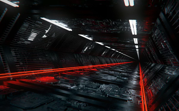 A high-definition desktop wallpaper depicting a futuristic, sci-fi space station corridor illuminated with sleek red and white lighting.