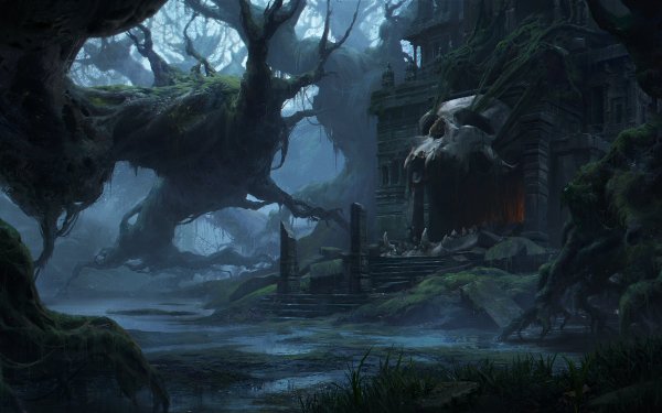 Fantasy Temple Skull Dark Swamp HD Wallpaper | Background Image