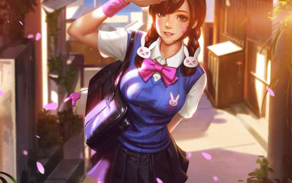D.Va from Overwatch in a vibrant, detailed 4K Ultra HD PC desktop wallpaper, showcasing her in a school uniform with warm lighting and falling petals.