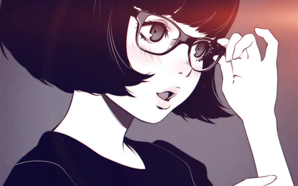 Anime-style 4K Ultra HD wallpaper of a short black-haired character with glasses and a subtle blush, adjusting their frames with a soft light background.