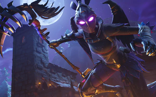 4K Ultra HD Fortnite loading screen wallpaper featuring a dark, glowing-eyed character wielding a scythe in a nighttime, eerie setting for PC desktop background.