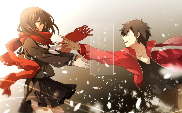 HD PC desktop wallpaper featuring Shintaro Kisaragi and Ayano Tateyama from the Kagerou Project anime, captured in a dynamic, snowy scene.
