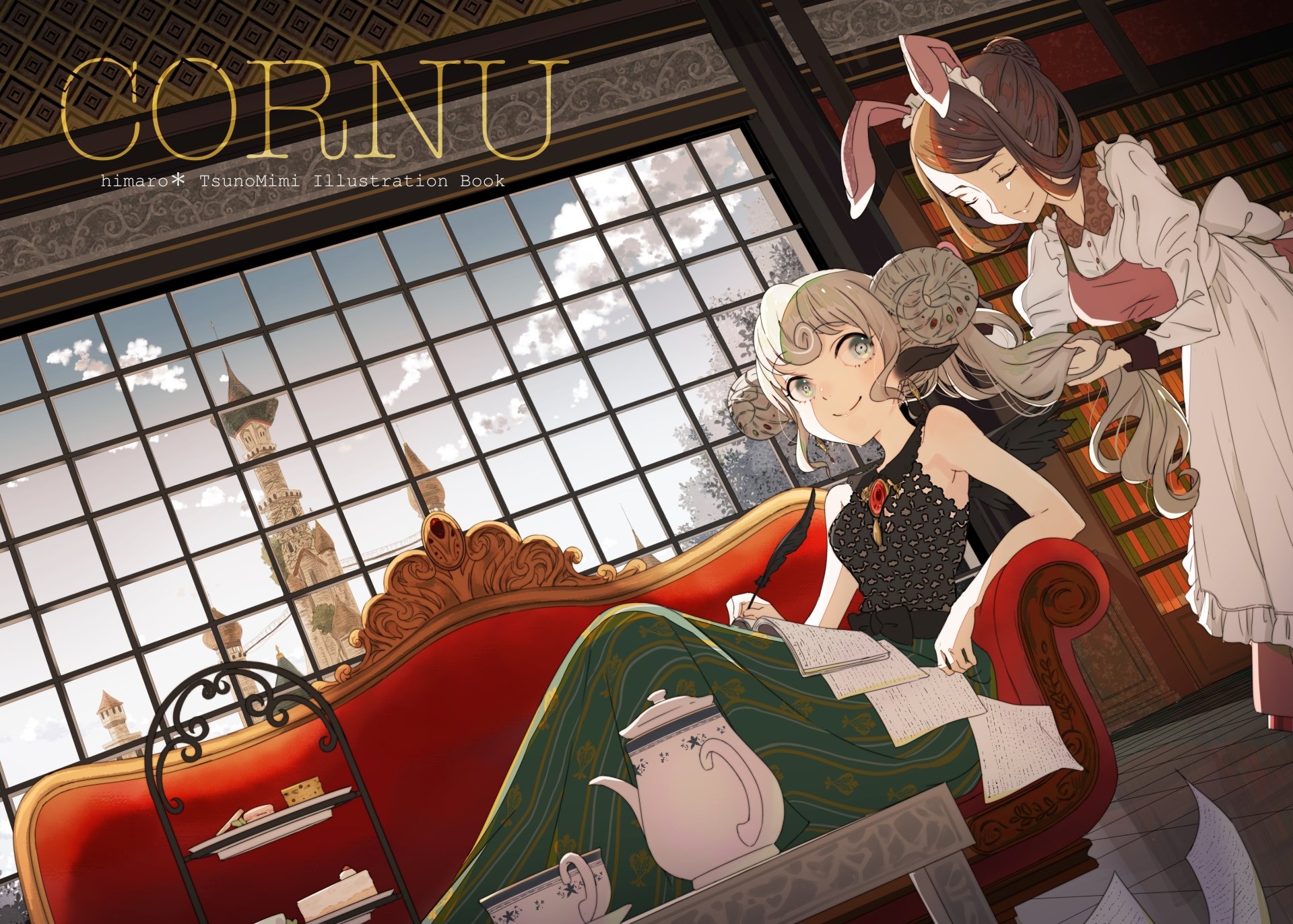 HD anime desktop wallpaper featuring an original maid character serving dessert to a stylish woman seated on an ornate red couch by a large window.