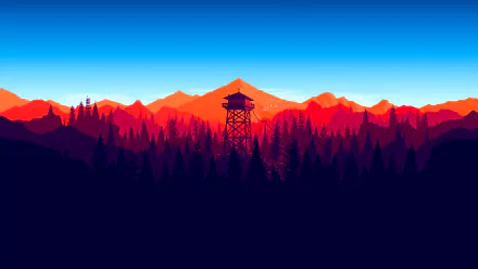 HD wallpaper of Firewatch video game featuring a serene landscape with a lookout tower, silhouetted trees, and orange mountains under a clear blue sky.