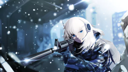 HD anime desktop wallpaper featuring a white-haired sniper soldier aiming a rifle in a snowy urban night setting, with intense blue eyes and tactical gear.
