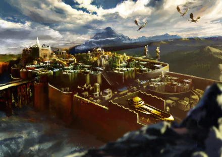 HD fantasy city desktop wallpaper: a sprawling walled city on a cliff beneath a dramatic sky, birds in flight and distant mountains — sweeping fantasy scenery.