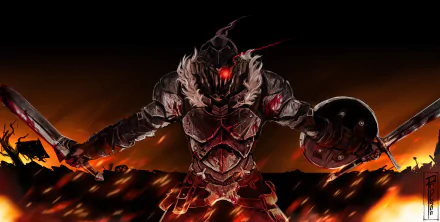 HD anime desktop wallpaper featuring Goblin Slayer in bloodied armor and helmet, wielding a sword and shield against a fiery background.