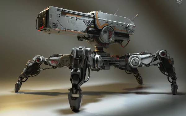 Sci Fi robot: a four-legged articulated walker with a rectangular turret body, rendered as a 2K Quad HD PC desktop wallpaper and background.