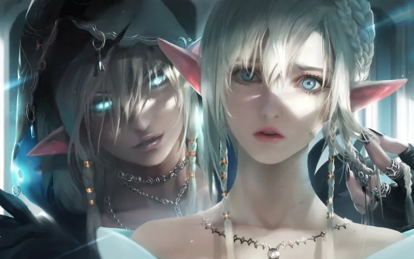 HD wallpaper featuring an anime-style elf with blonde braided hair, blue eyes, and pointed ears, adorned with a necklace, under a hooded figure.