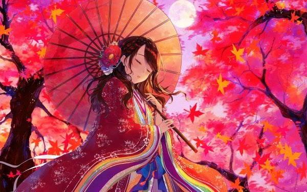 Anime Original Fall Umbrella Moon Brown Hair Kimono HD Wallpaper | Background Image