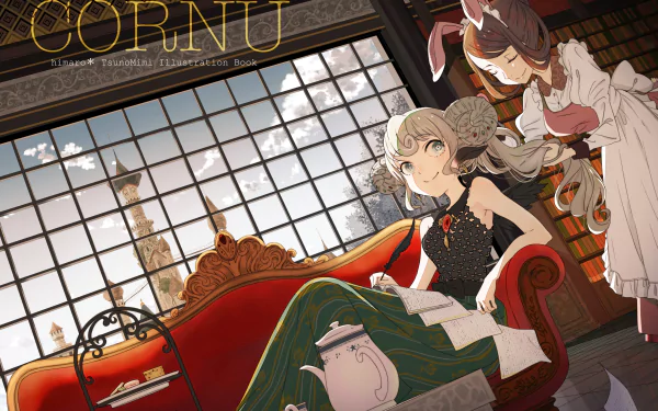 HD anime desktop wallpaper featuring an original maid character serving dessert to a stylish woman seated on an ornate red couch by a large window.