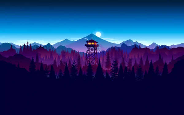 HD desktop wallpaper from the video game Firewatch, featuring a silhouetted forest and watchtower against a backdrop of mountains and a glowing night sky.