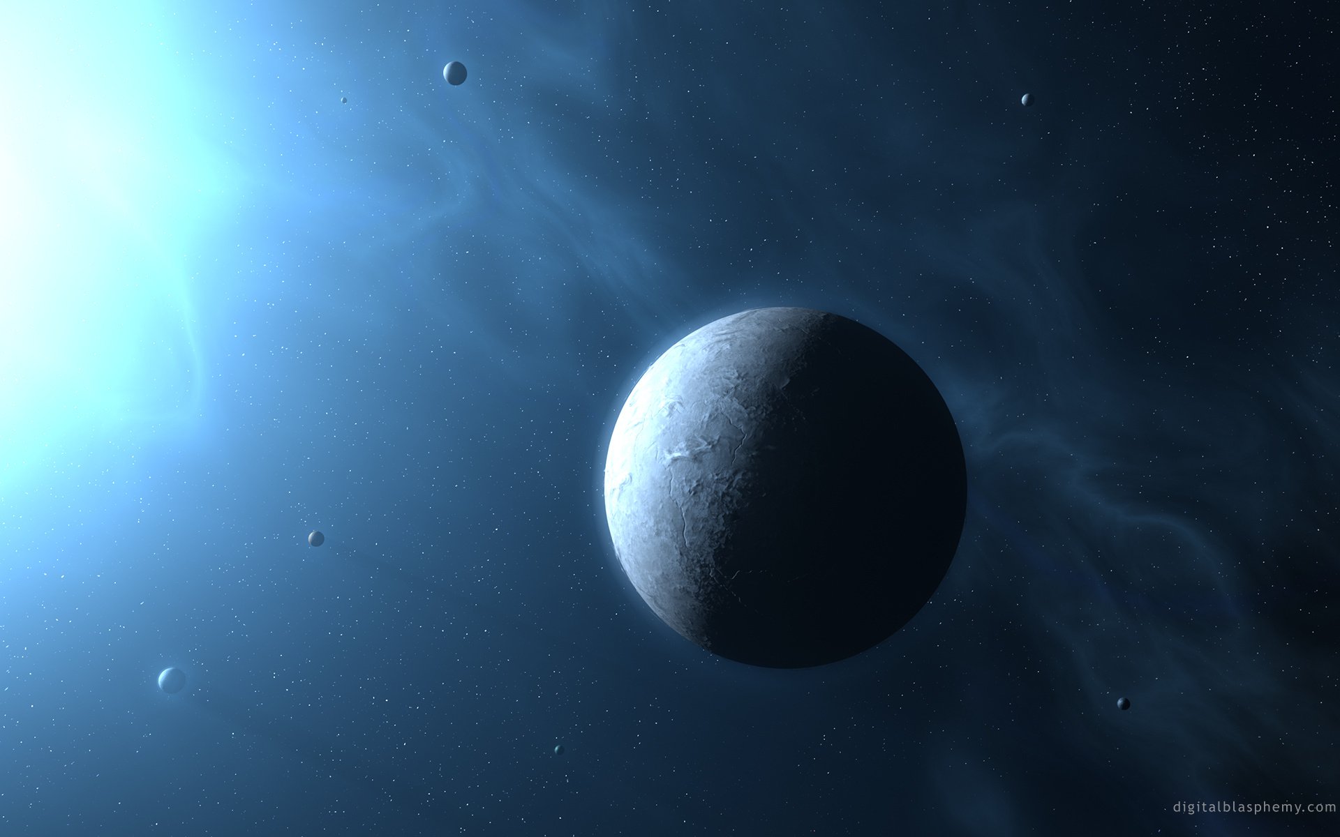 A stunning HD wallpaper featuring a sci-fi scene of a distant planet illuminated by a bright light, surrounded by smaller celestial bodies in a mysterious space setting.