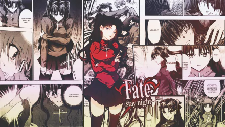 HD PC desktop wallpaper featuring Rin Tohsaka from the anime Fate/Stay Night, surrounded by manga panels in a dynamic collage style.