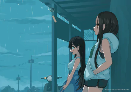 2K Quad HD PC desktop wallpaper — original Rain Anime scene: two anime girls in hoodies standing under a shelter watching teal rain fall over a quiet street.