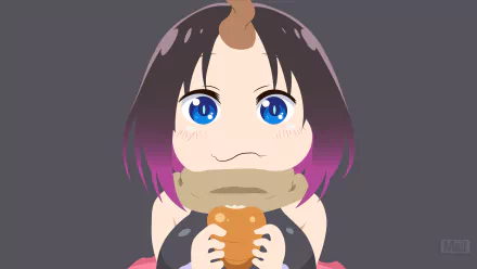 Minimalist anime 4K Ultra HD wallpaper featuring Elma from Miss Kobayashi's Dragon Maid with blue eyes and purple-tipped hair, holding a cup against a dark gray background.