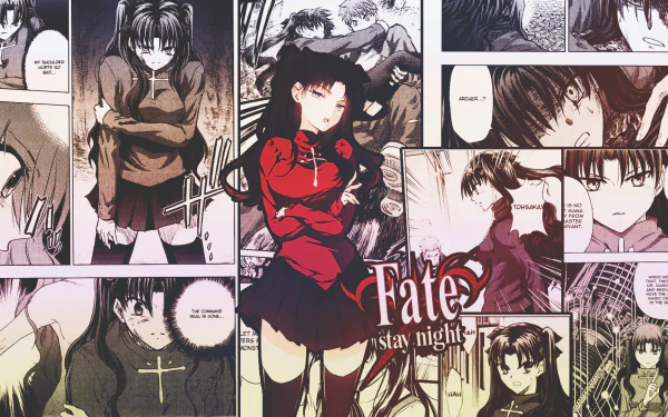 HD PC desktop wallpaper featuring Rin Tohsaka from the anime Fate/Stay Night, surrounded by manga panels in a dynamic collage style.