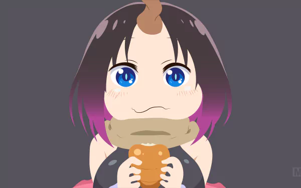 Minimalist anime 4K Ultra HD wallpaper featuring Elma from Miss Kobayashi's Dragon Maid with blue eyes and purple-tipped hair, holding a cup against a dark gray background.