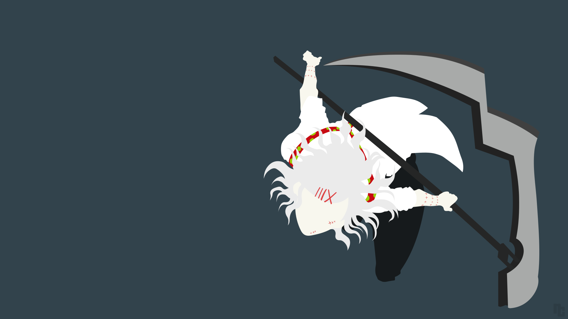 HD anime desktop wallpaper featuring Juuzou Suzuya from Tokyo Ghoul, depicted in a dynamic top-down pose with his signature weapon against a minimalist background.
