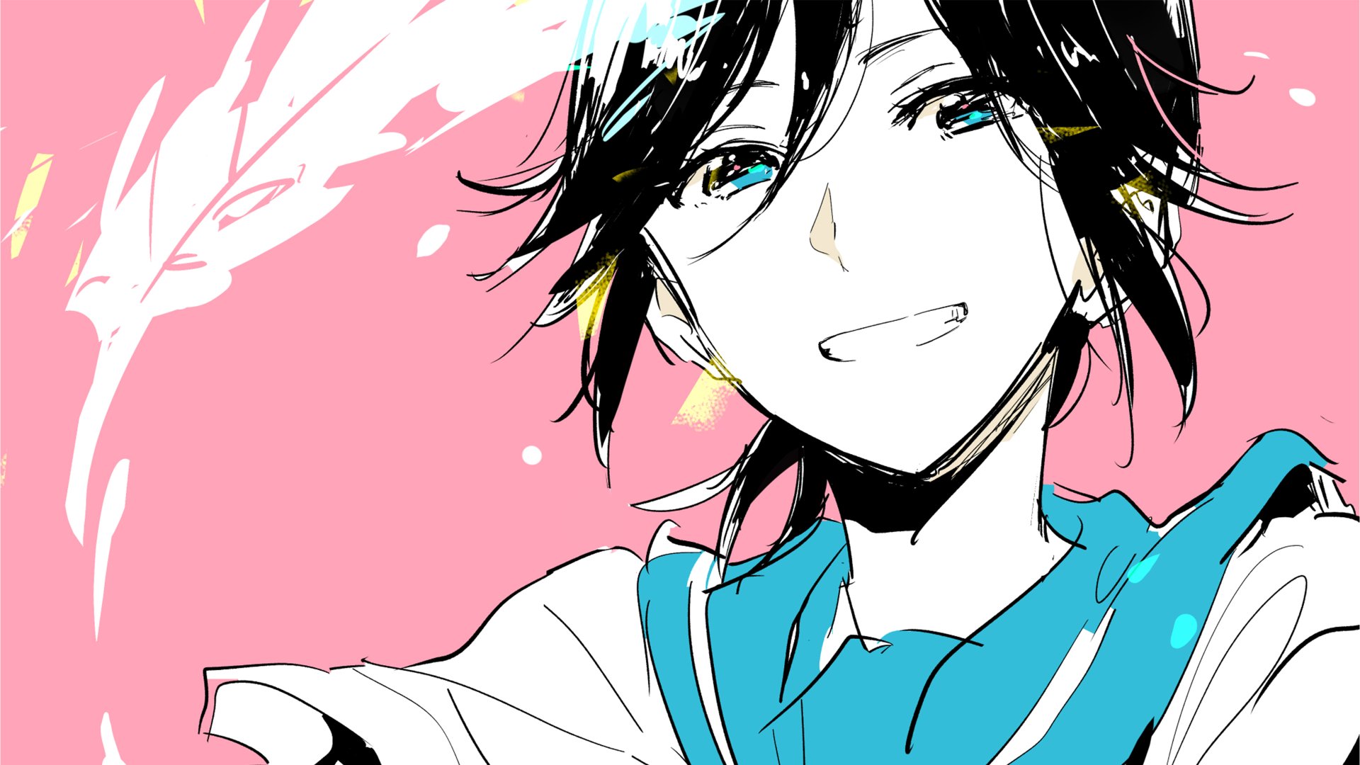 4K PC desktop anime wallpaper: Nozomi Kasaki from Sound! Euphonium, smiling with teal eyes and a school uniform against a pink backdrop.