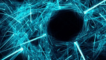 Abstract blue digital artwork featuring dynamic light streaks radiating around a central dark void, designed as an HD PC desktop wallpaper and background.