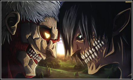 HD anime desktop wallpaper featuring intense close-up faces of two titans from Attack on Titan, with detailed expressions and a scenic background at sunset.