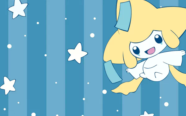 HD PC desktop wallpaper featuring Jirachi from the Pokémon video game series against a blue striped background with white stars and dots.