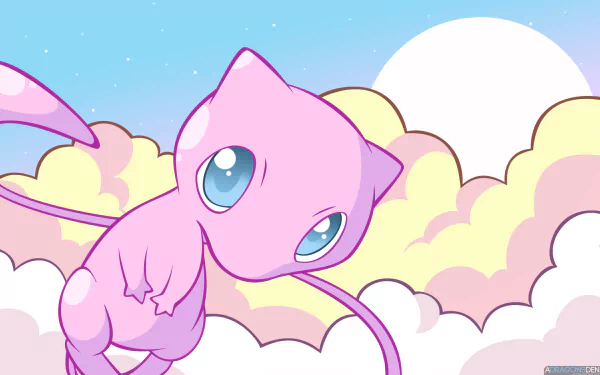 HD desktop wallpaper featuring Mew, a Pokémon from the video game series, floating against a pastel-colored background of clouds and a bright sky.