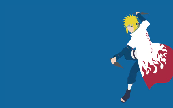 Minato Namikaze from Naruto in dynamic pose against a solid blue background, 4K Ultra HD anime desktop wallpaper.