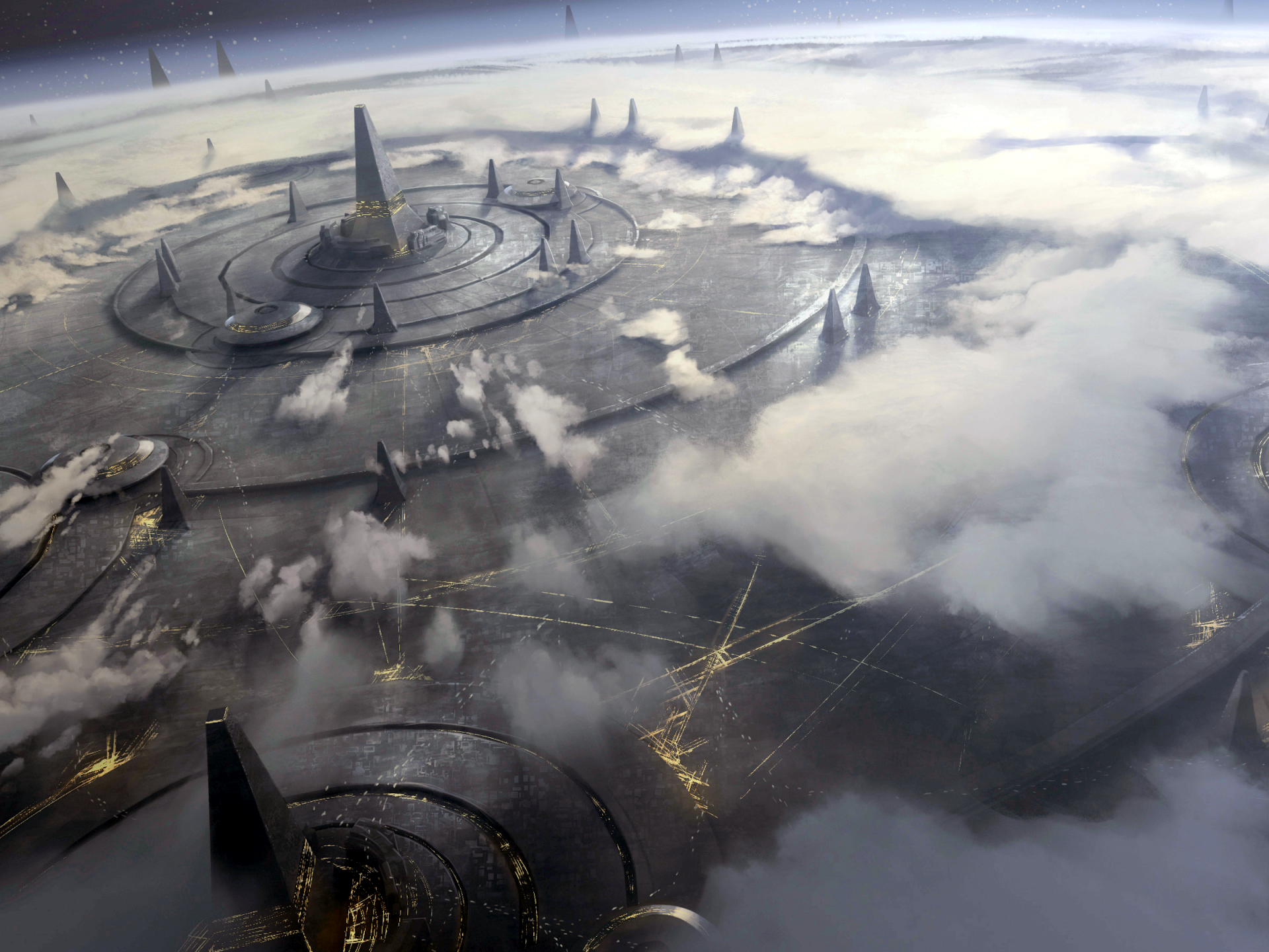 HD PC desktop wallpaper featuring a futuristic, circular space station surrounded by clouds, inspired by the video game Stellaris.