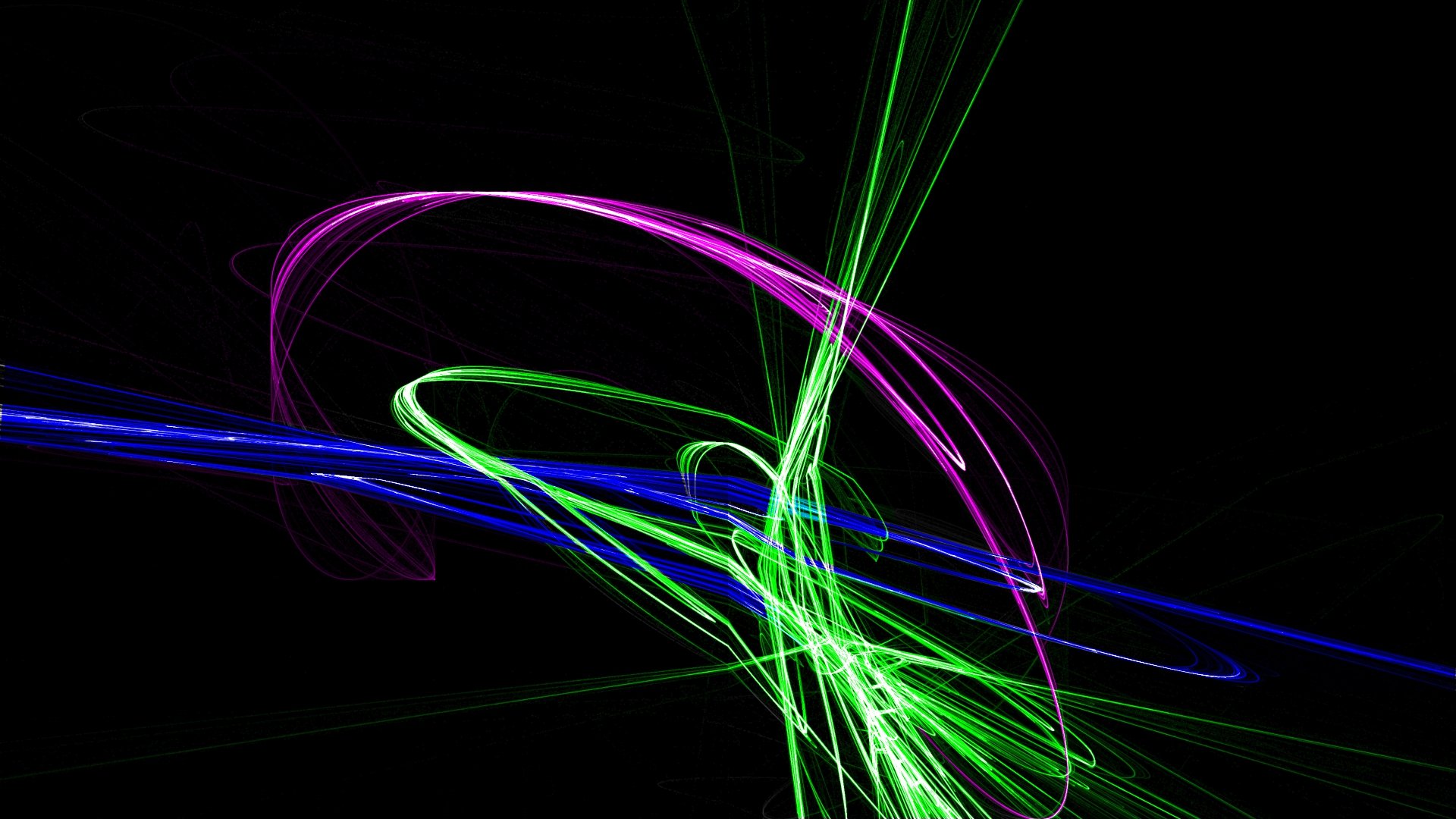 Abstract, cool HD PC desktop wallpaper featuring dynamic neon light trails in green, purple, and blue against a black background.