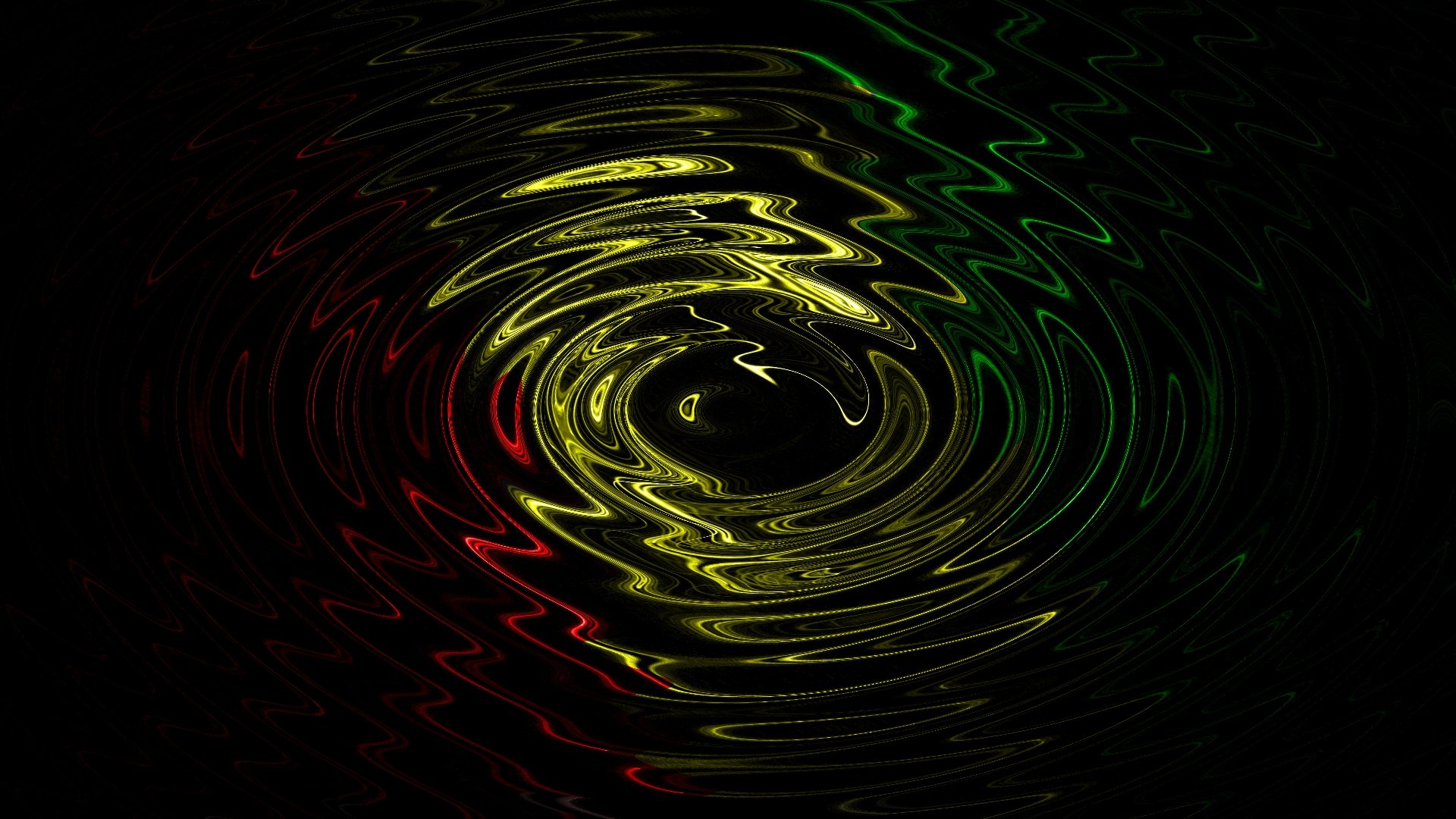 Abstract, colorful HD PC desktop wallpaper and background with concentric rippling rings of green, yellow and red light radiating over a black field.