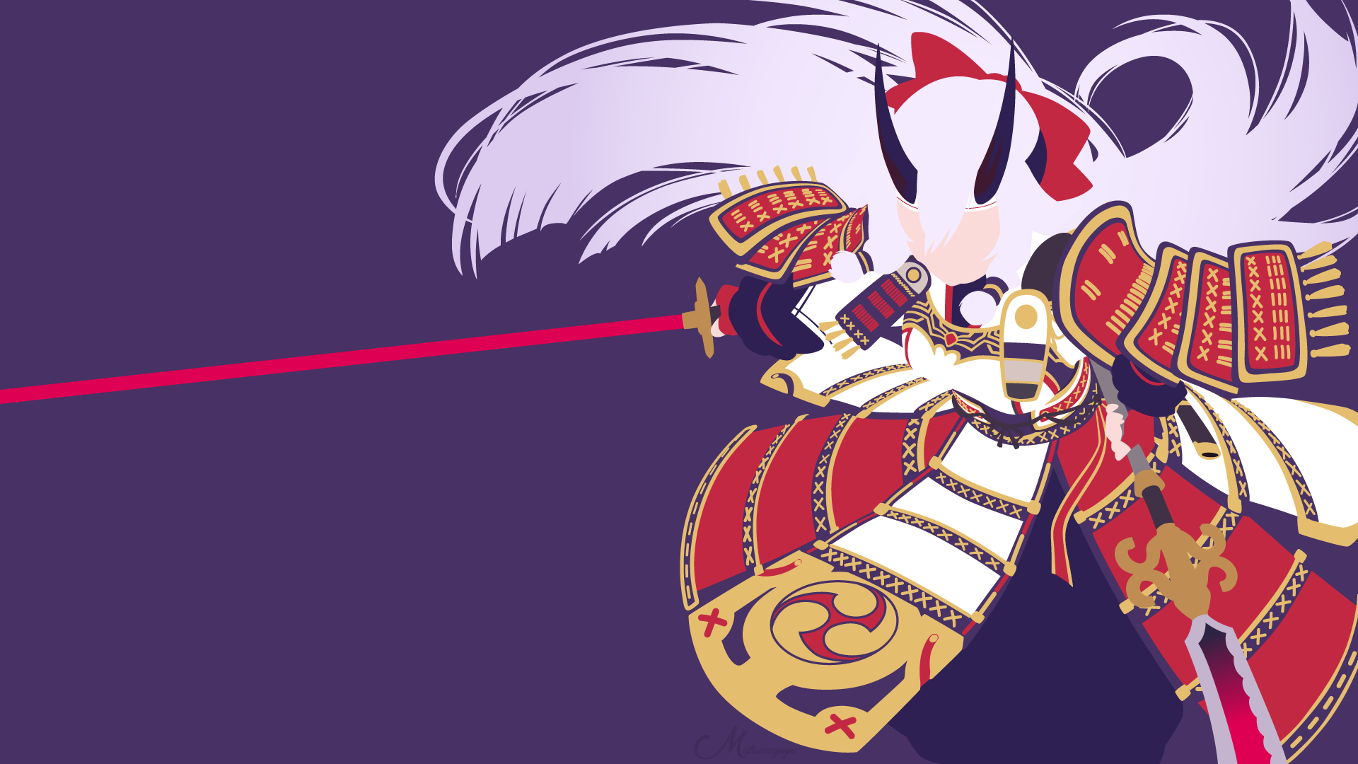 Minimalist HD anime wallpaper featuring Tomoe Gozen from Fate/Grand Order in vibrant red and gold armor, wielding a glowing red sword against a purple background.