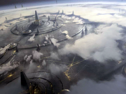 HD PC desktop wallpaper featuring a futuristic, circular space station surrounded by clouds, inspired by the video game Stellaris.