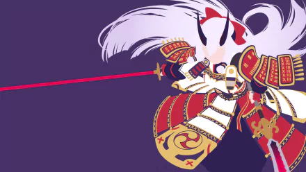 Minimalist HD anime wallpaper featuring Tomoe Gozen from Fate/Grand Order in vibrant red and gold armor, wielding a glowing red sword against a purple background.