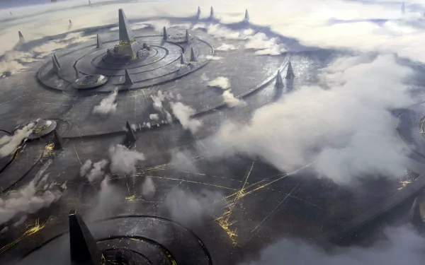 HD PC desktop wallpaper featuring a futuristic, circular space station surrounded by clouds, inspired by the video game Stellaris.
