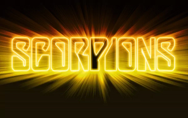 HD desktop wallpaper featuring the word SCORPIONS in bold, glowing letters, radiating a vibrant yellow and orange light against a dark background, celebrating the iconic rock band.