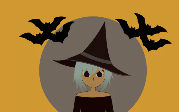 Anime-style character in a witch hat with bats flying around, set against an orange background, designed as a 4K Ultra HD Halloween-themed PC desktop wallpaper.