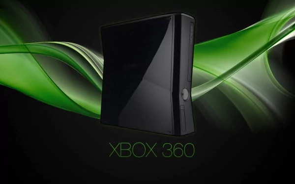 A sleek Xbox 360 console against a dynamic green wave background, serving as an HD PC desktop wallpaper and background for gamers.