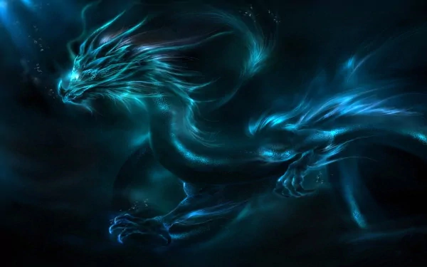 HD desktop wallpaper featuring a glowing blue fantasy dragon in a dark, mystical background, creating an enchanting and ethereal atmosphere.