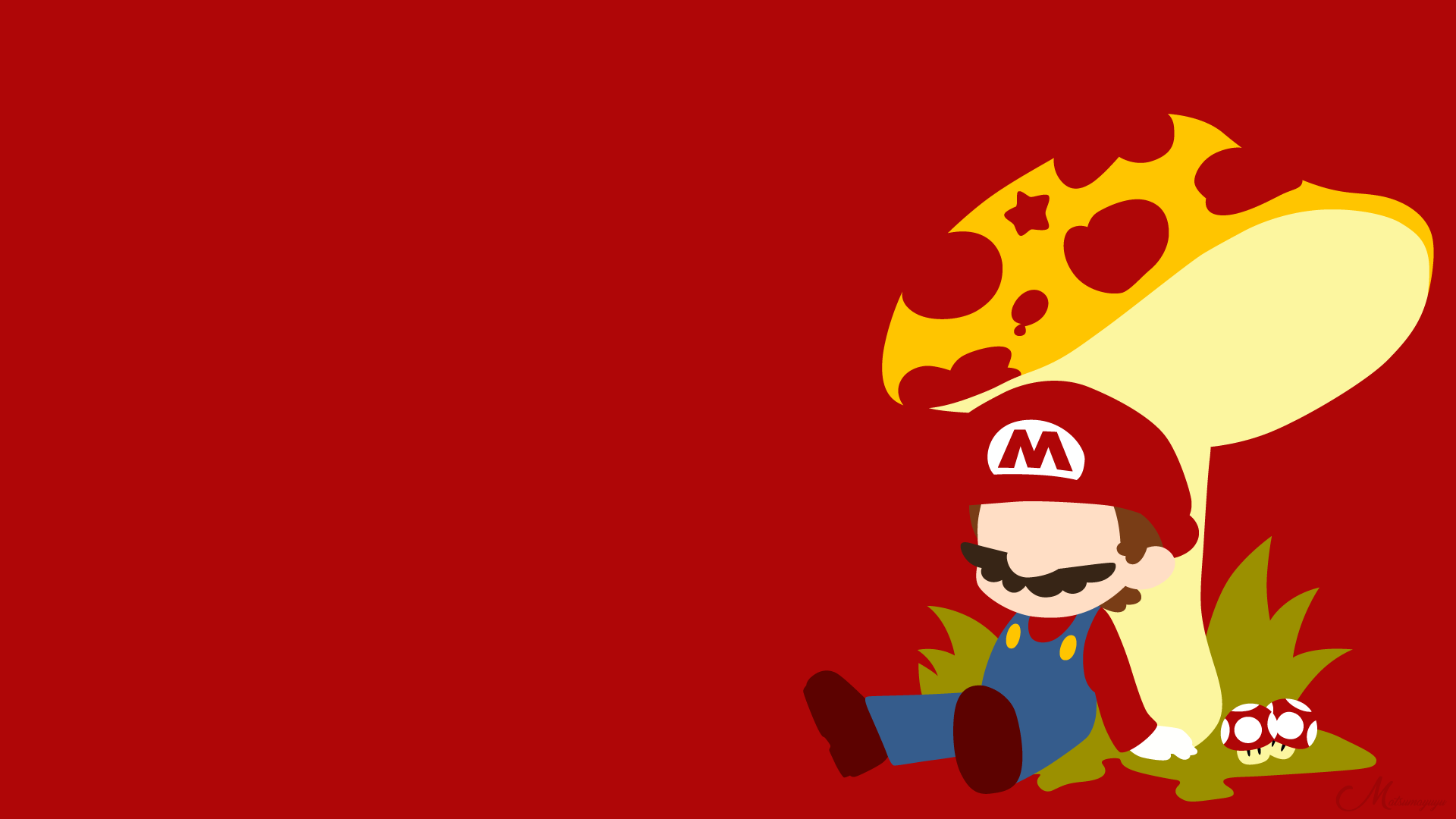 HD PC desktop wallpaper featuring Mario from the video game, dozing beneath a giant mushroom on a bold red background.