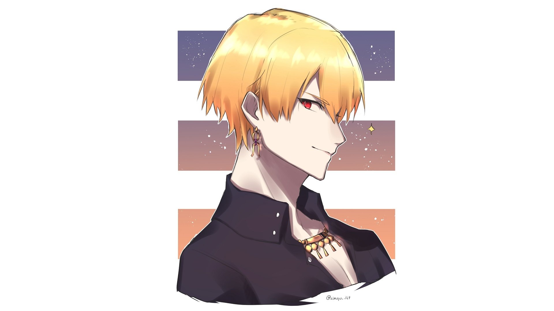 HD PC wallpaper of Gilgamesh (Caster, Fate/Grand Order) — anime portrait with golden hair and red eyes, smirking in a dark shirt and jewelry against a striped sunset background.