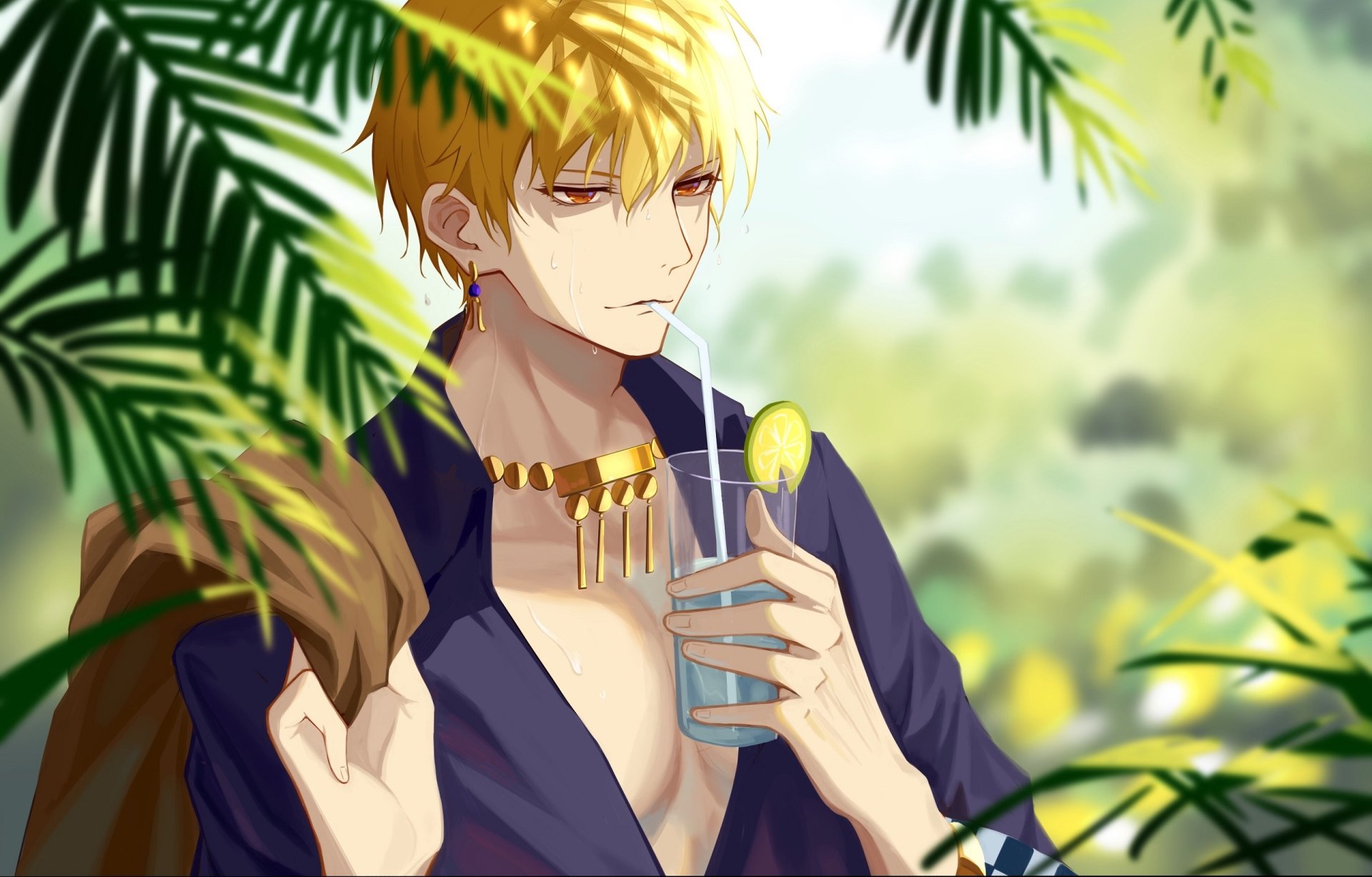 2K Quad HD anime desktop wallpaper of Gilgamesh (Caster, Fate/Grand Order): blond, open-chested with gold collar, sipping a lemon drink amid lush tropical foliage.