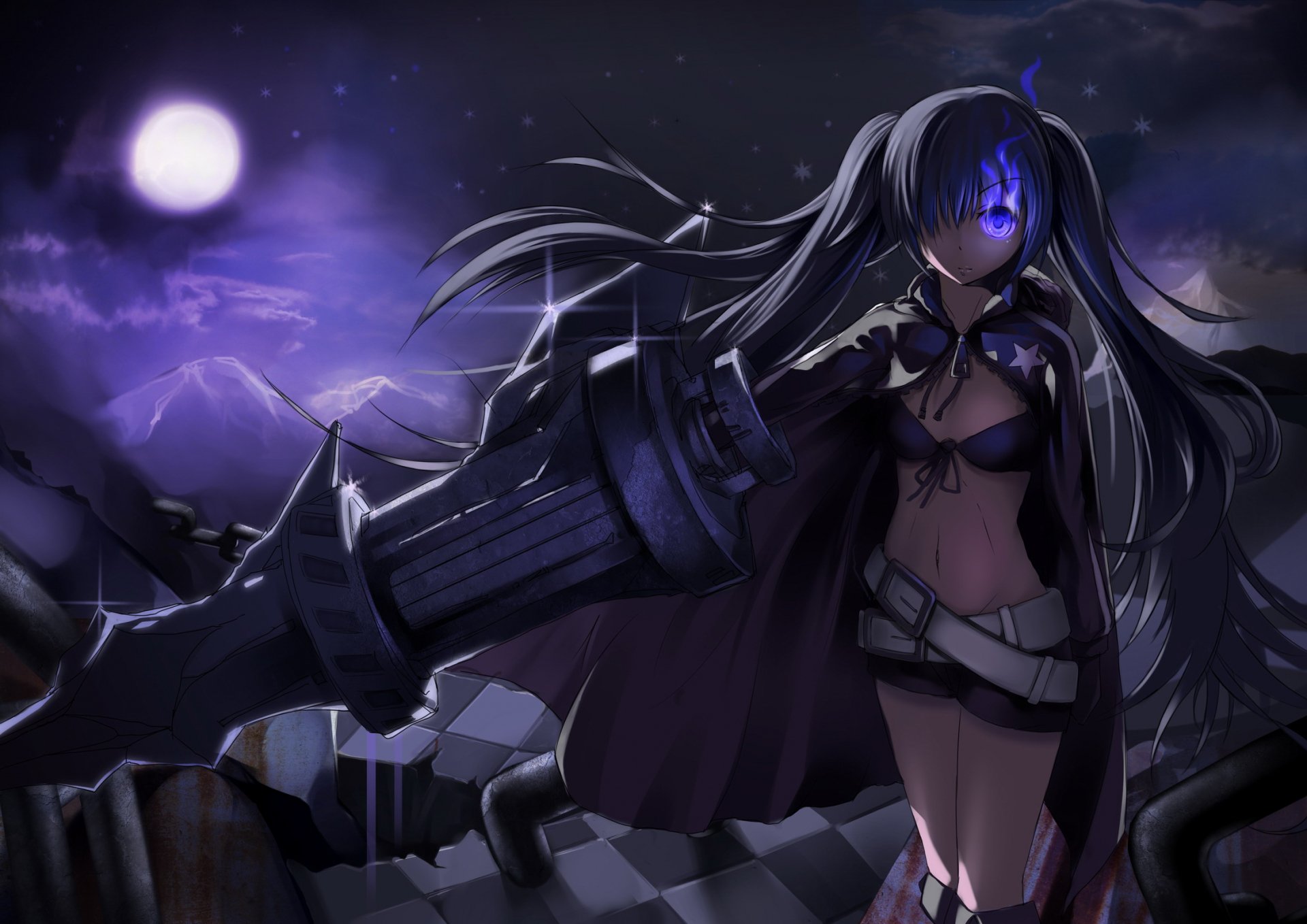 HD desktop wallpaper featuring an anime character from Black Rock Shooter, set against a dark, moonlit background with mountains and ruins. The character wields a massive weapon and sports a determined expression.
