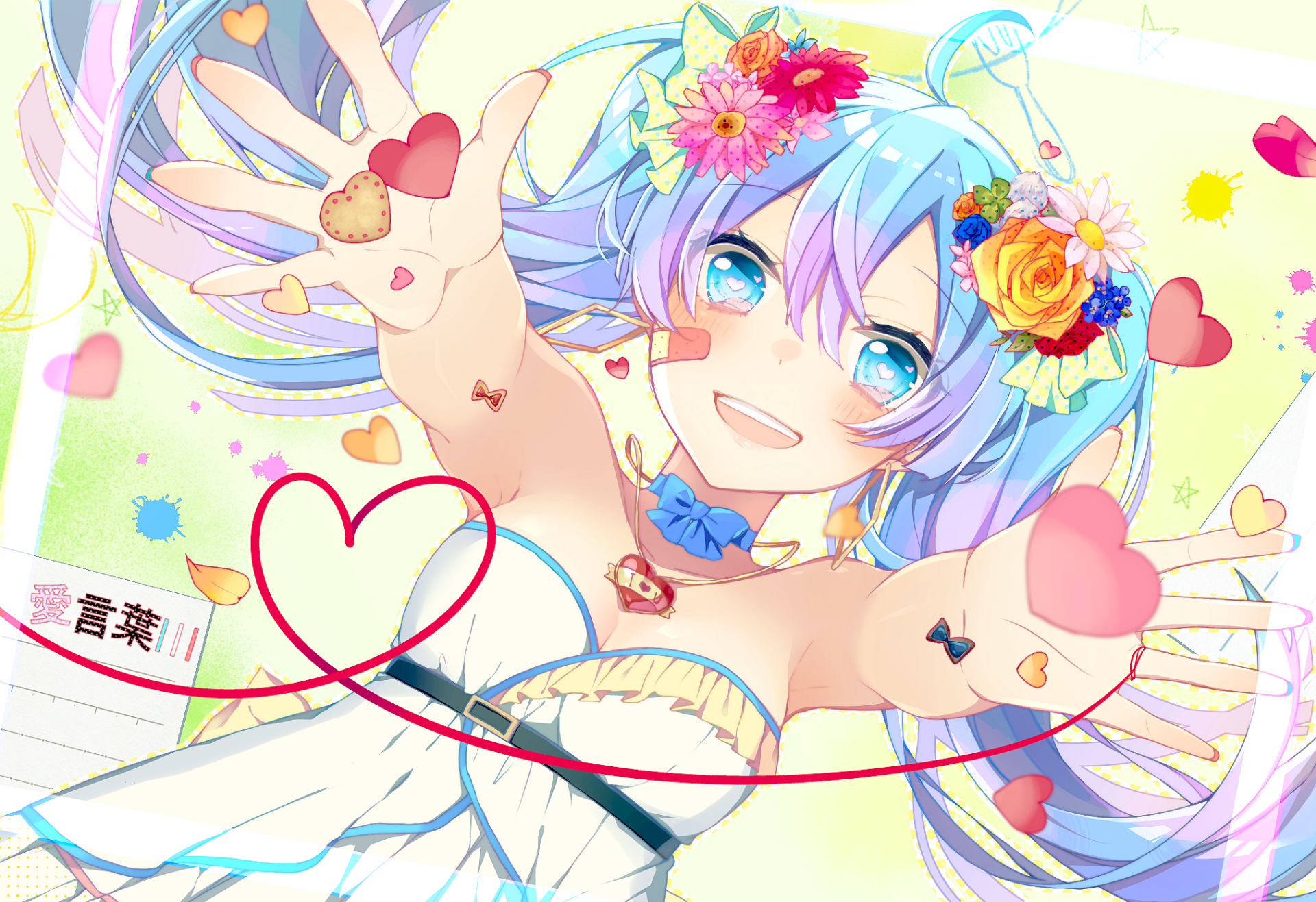 HD anime desktop wallpaper featuring Vocaloid Hatsune Miku with bright blue hair, colorful flowers, and hearts, radiating cheerful energy.