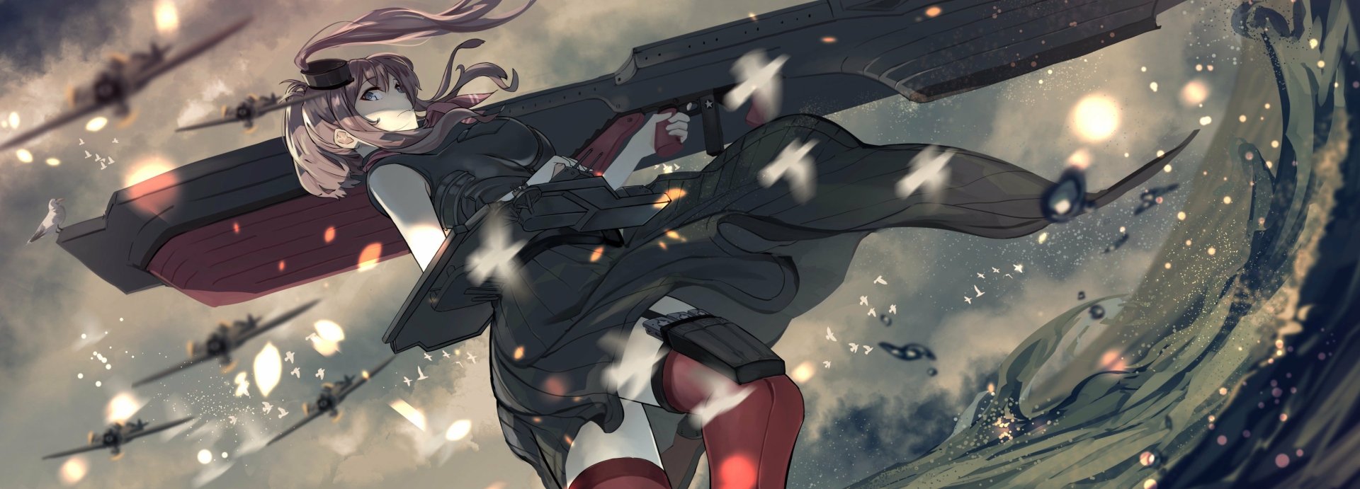 HD PC desktop wallpaper of Saratoga from Kantai Collection, featuring anime-style art with dynamic pose and atmospheric background.