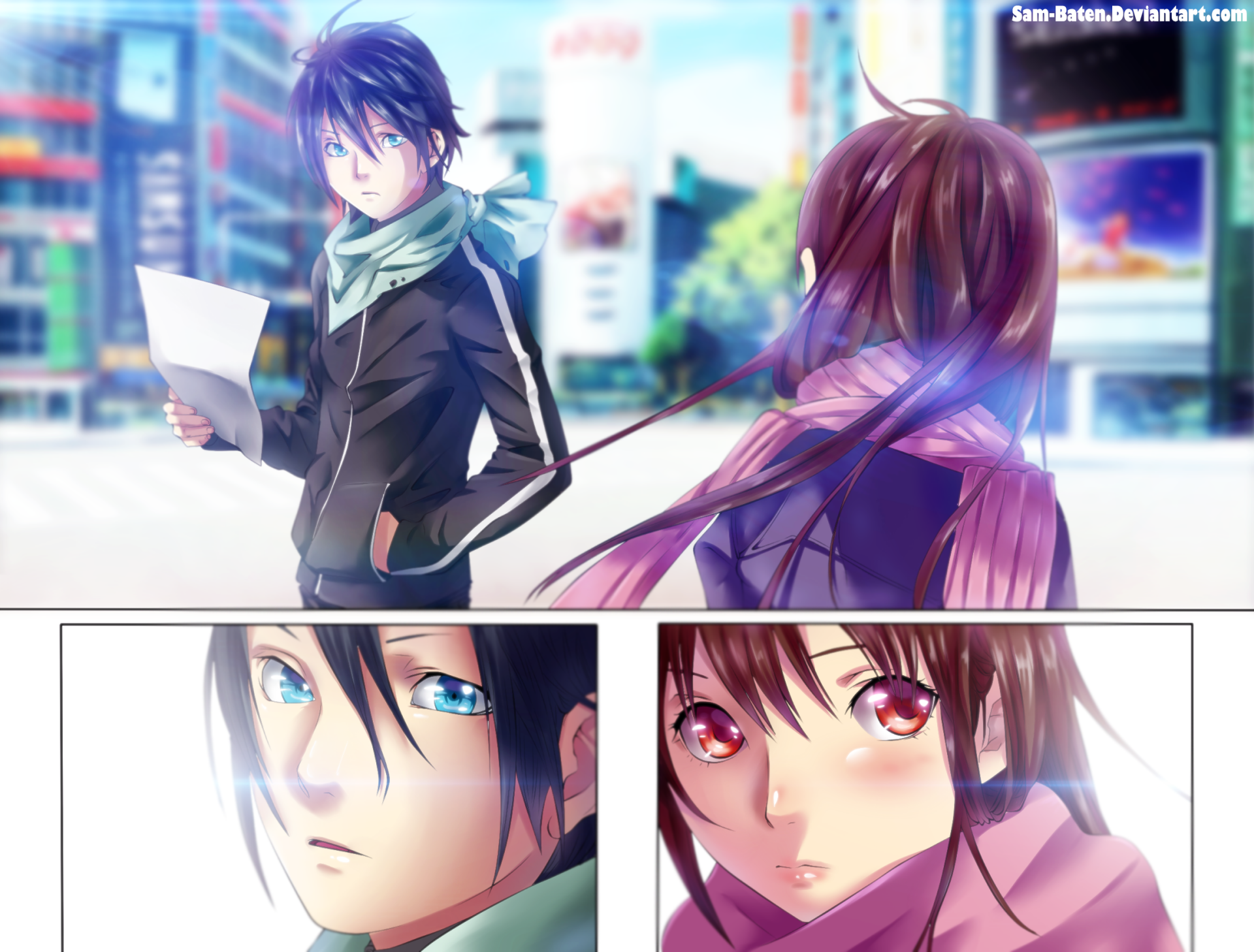 HD PC desktop wallpaper featuring Hiyori Iki and Yato from the anime Noragami in a vibrant urban setting with close-up expressions below.