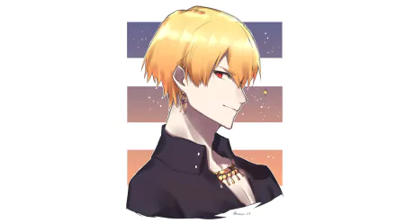 HD PC wallpaper of Gilgamesh (Caster, Fate/Grand Order) — anime portrait with golden hair and red eyes, smirking in a dark shirt and jewelry against a striped sunset background.