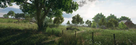 Battlefield V 4K Ultra HD PC wallpaper: sunlit grassy battlefield with trees, wire fence posts and distant smoke under a cloudy sky.